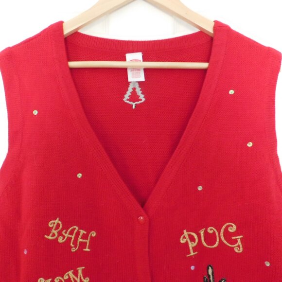 Bah Hum Pug Red Christmas Ugly Sweater Vest XXL 20 Dog Lights Sequins Button Up - Picture 2 of 7